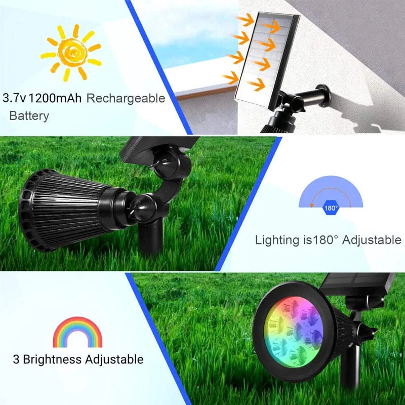 9 LED-owych solarnych reflektorów punktowych, zewnętrzne, wodoodporne, zasilane energią słoneczną, lampy ogrodowe na szpilce, regulacja jasności, do ścieżek, trawników, podjazdów i podwórka.