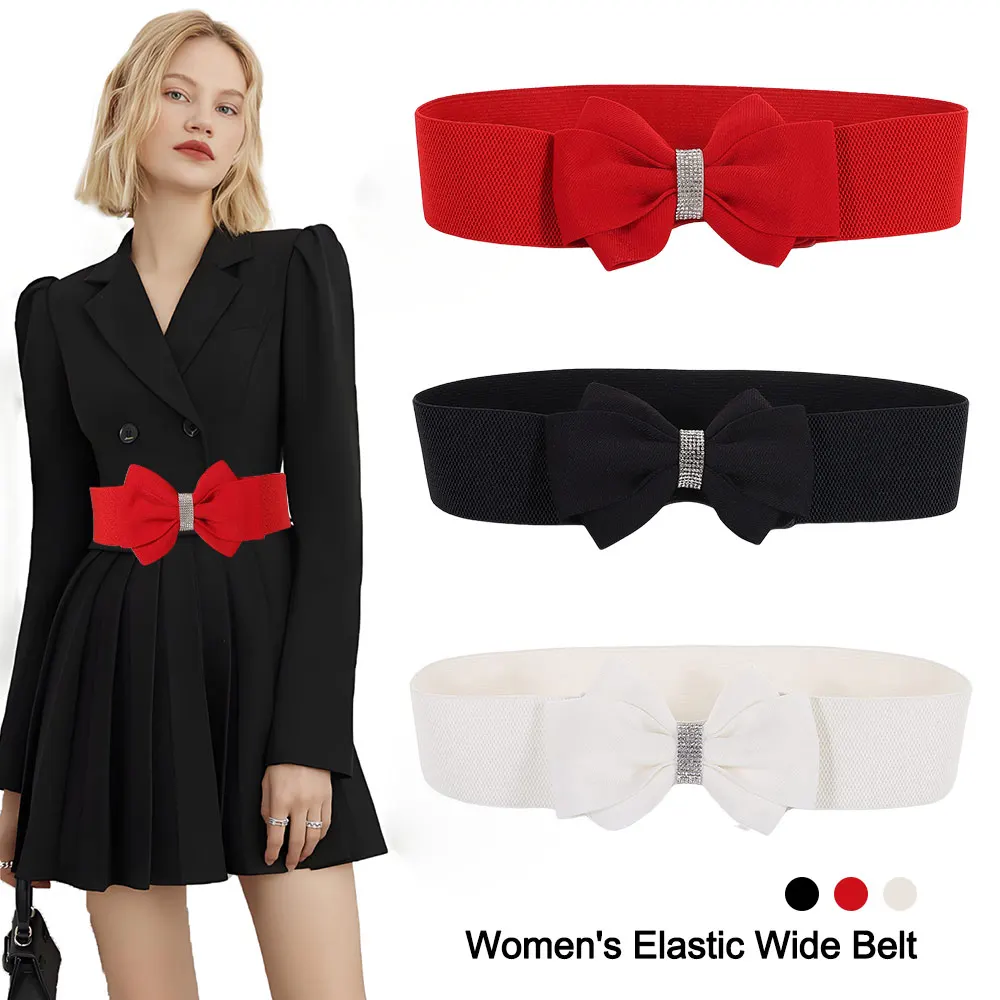 Adjustable Buckle Women's Elastic Wide Belt Plus Size Solid Color Bowknot Waistband Rhinestone Stretch Belt