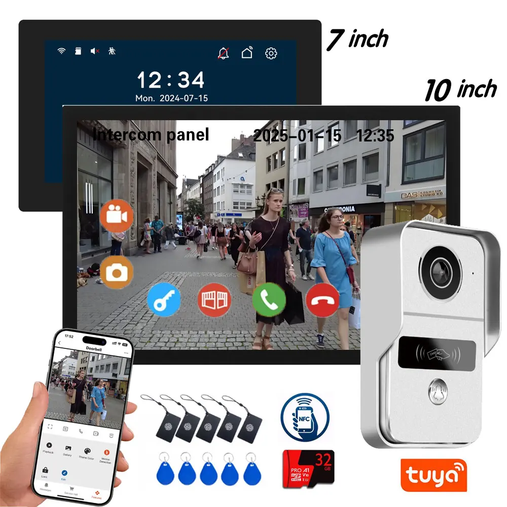 1080P Tuya Smart Türklingel Kamera Home Video Intercom Wifi 2 Drähte 7/10 Zoll Drahtlose Video-türsprechanlage 5-in-1 NFC Entsperren