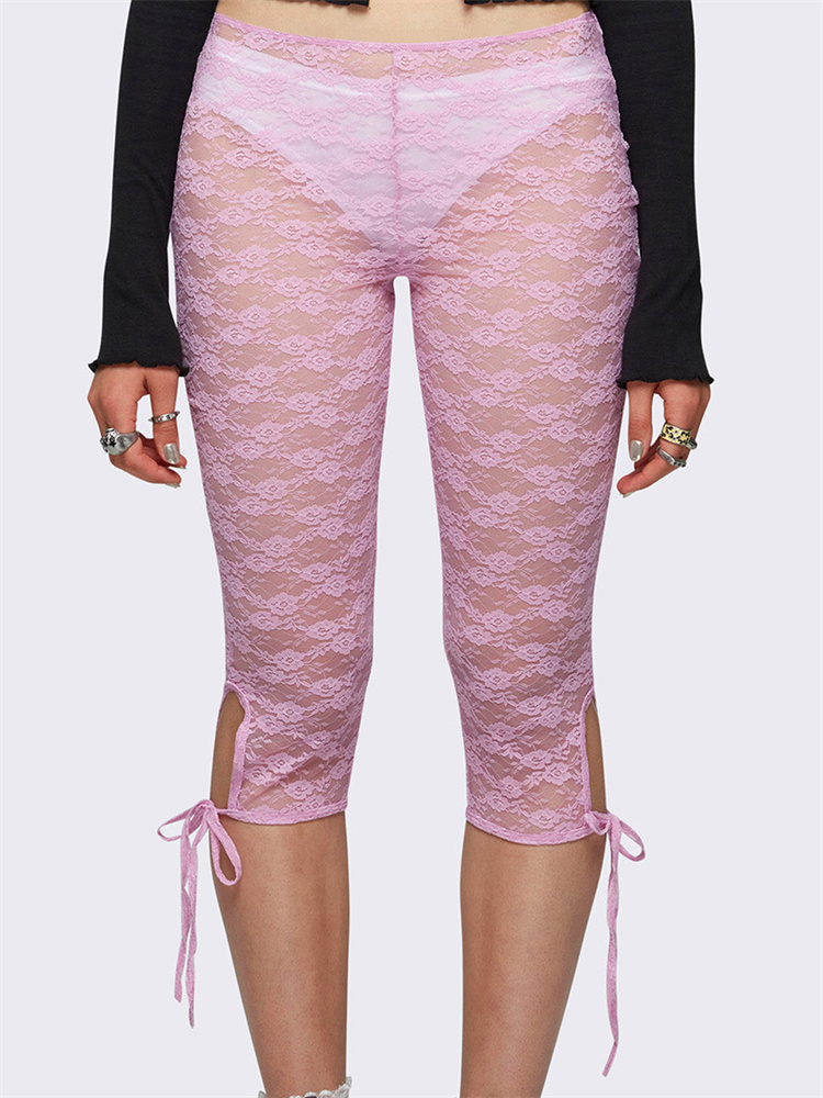 CHRONSTYLE Damen-Spitzen-Shorts, schmal, lässig, Netzstoff, durchsichtig, elastische Taille, seitlich geteilt, zum Binden, Shorts, Streetwear 2024