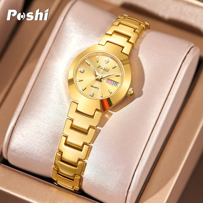 นาฬิกาสวิสยี่ห้อ poshi ผู้หญิงสแตนเลสที่เรียบง่ายกันน้ำเรืองแสงพร้อมวันที่สัปดาห์นาฬิกาควอทซ์สร้อยข้อมือสง่างามสำหรับเป็นของขวัญ