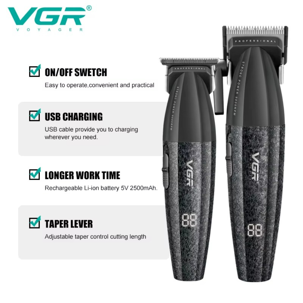 VGR Hair Trimmer Professional Clipper Adjustable Hair Cut Machine Electric Clipper 9000 RPM Cordless Hair Trimmer for Men V-640