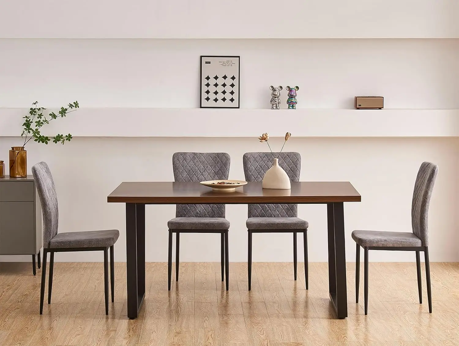 Suede Light Grey Dining Chairs Set of 4- Modern Armless High Back Upholstered Soft Seat with Black Metal Legs for Dinin