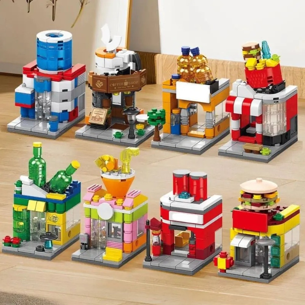 City Mini Shop Supermarket Street View Model Building Blocks Hamburger Restaurant Retail Store Bricks Architecture Friend Girl