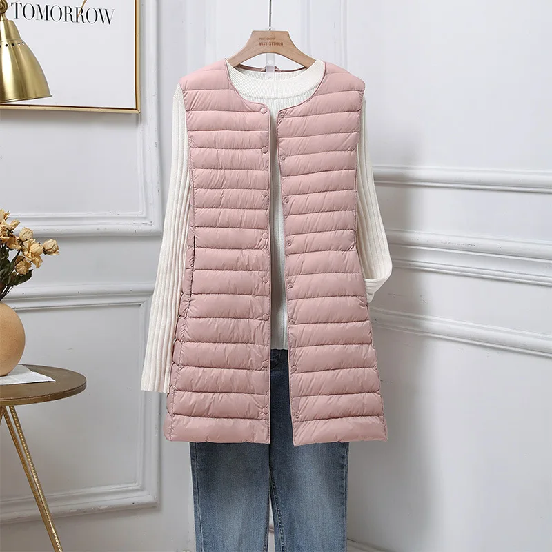 Siêu Nhẹ Di Động Nóc Áo Vest Nữ Dài Collarless 2022 Mới Thu Đông Vịt Xuống Áo Không Tay Nút Lông Lót
