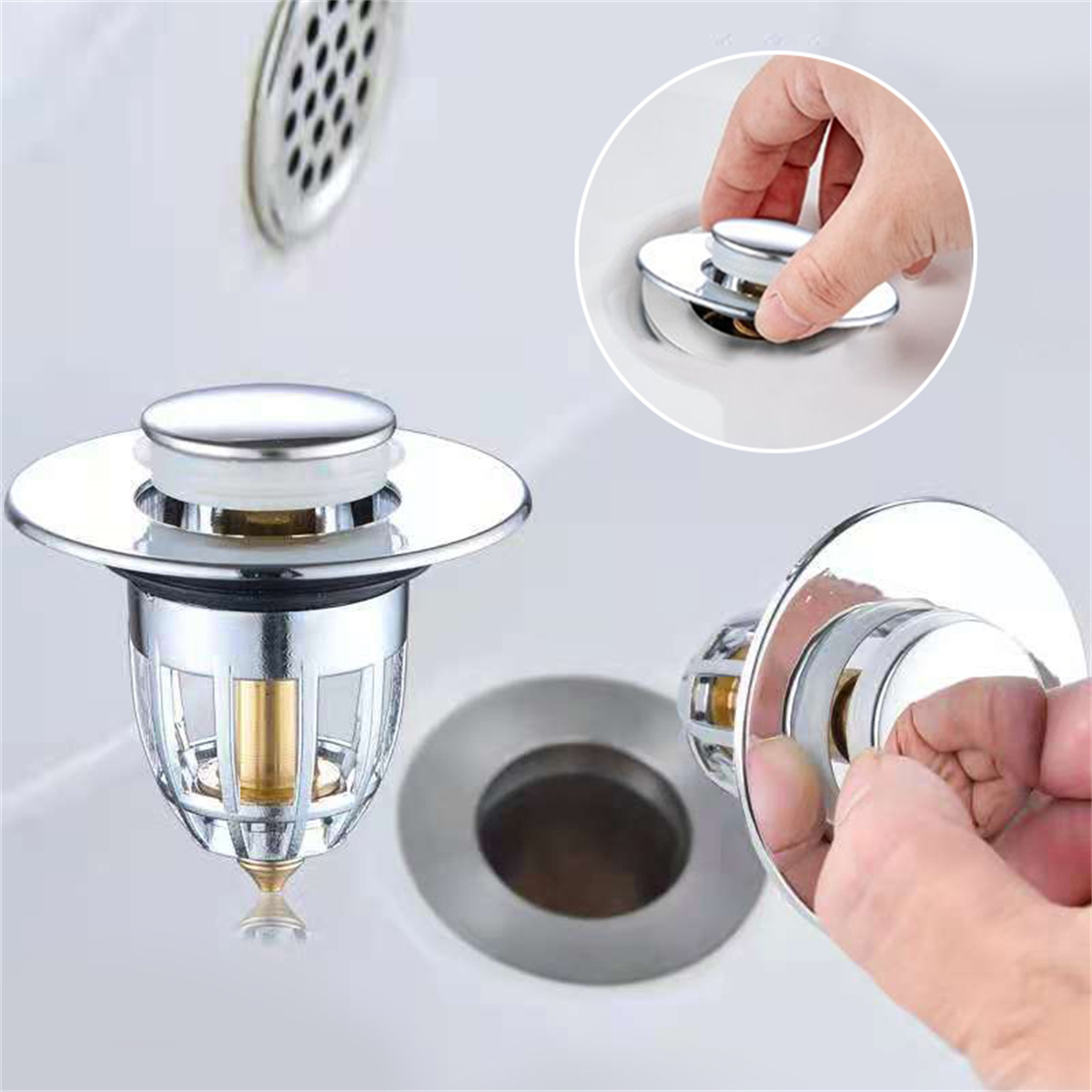 Universal Rebound Drain Plug Filter Basin Pop-up Chrome Sink Filter with Hair Catcher Bathroom Sink Drain Stopper Easy Push Type