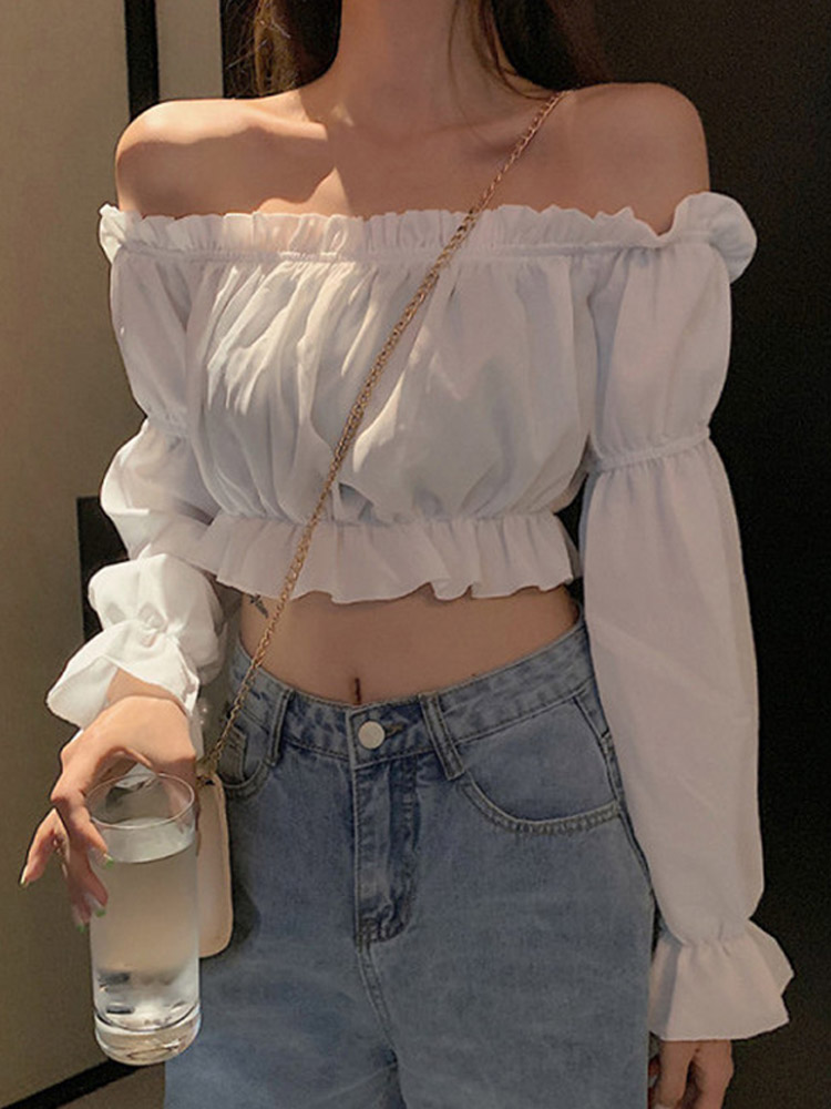 女性トップセクシーなブラウスオフショルダートップ長袖無地白シャツパフスリーブフリルチュニッククロップトップ夏のチューブトップ