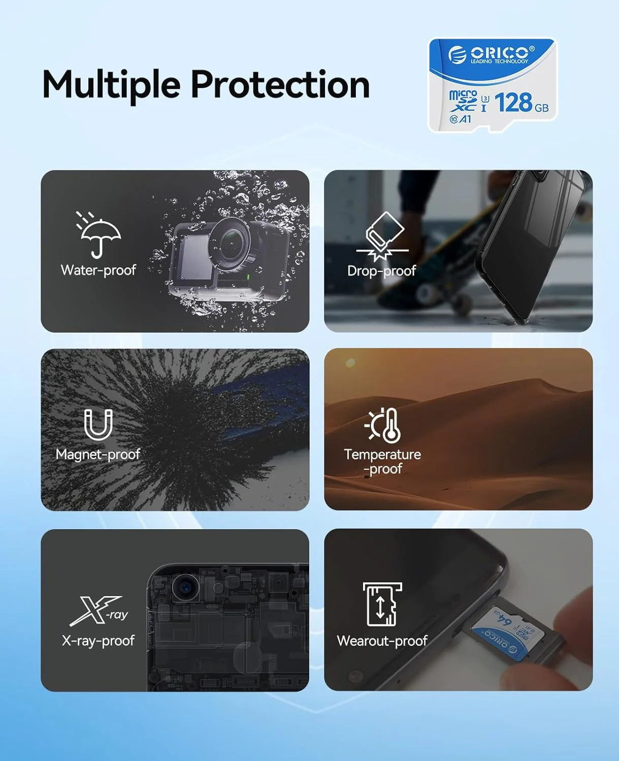 ORICO T3 128GB microSDXC UHS-I Memory Card, 70MB/s Read, 60MB/s, 4K UHD Recoding, U3, Class10, V30, A1, Micro SD for Camera
