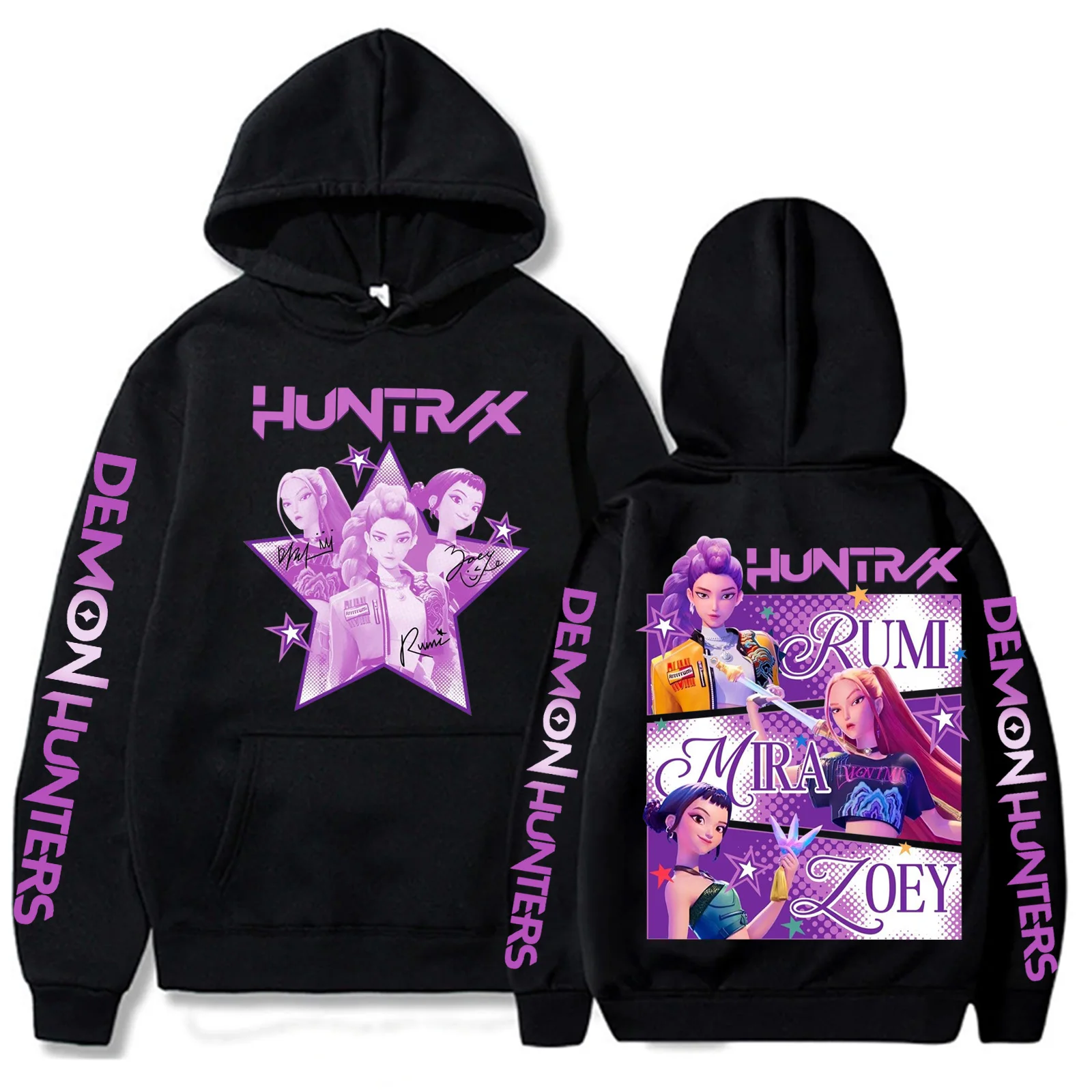 Harajuku kpop caçadores de demônios gráfico hoodie mira rumi zoey huntrix impressão com capuz pulôver homem mulher fãs presente moletom casual