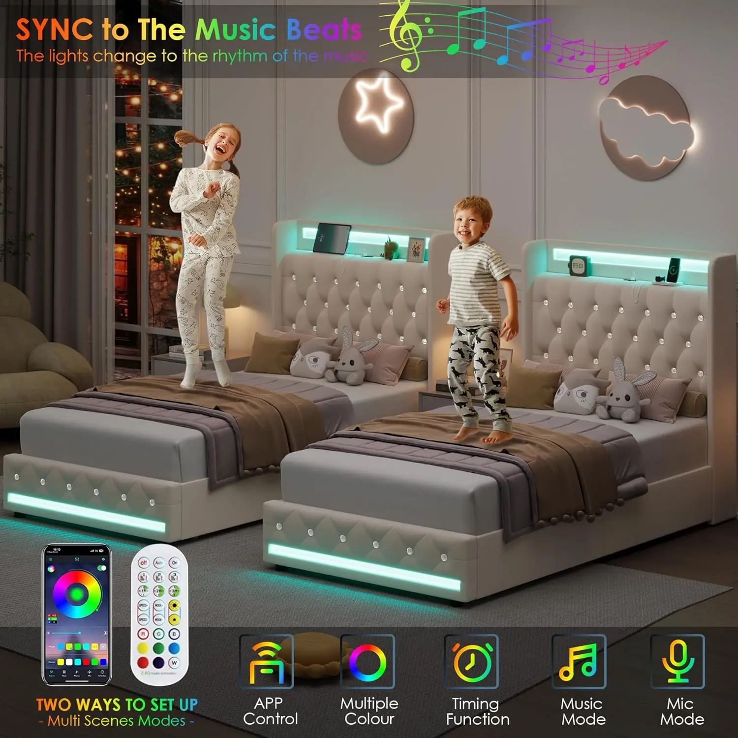 LED Bed Frame with Charging Station and 4 Storage Drawers, Velvet Upholstered Platform Bed with Handcrafted Crystal B