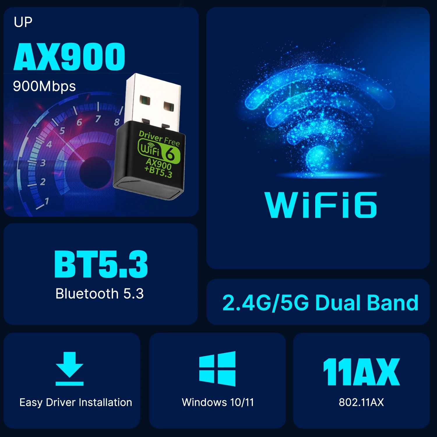 Adaptador USB WiFi 6 de 900Mbps, tarjeta de red inalámbrica Bluetooth 5,3, controlador de doble banda, Dongle USB gratuito, receptor Wifi 6 para PC Win 10 11