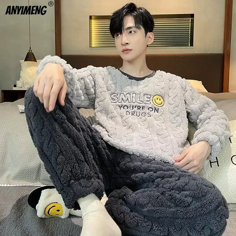 L-5XL ขนาดใหญ่ชุดนอนบุรุษชุดฤดูหนาวหนากํามะหยี่ปะการังชุดนอนสําหรับ Man Leisure Sporty ชุดนอน Chubby Thermal Pijamas สําหรับ Boy