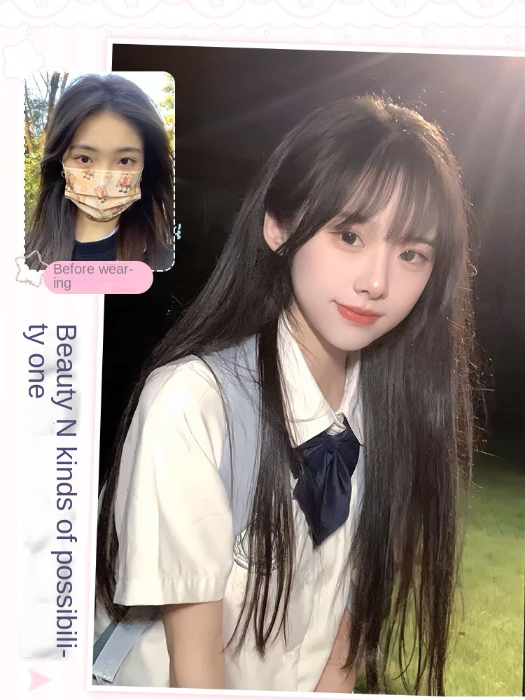 Black Long Straight Synthetic Wig With Bangs White Woman Natural Heat-Resistant Cosplay Party Wig Full Head Cover