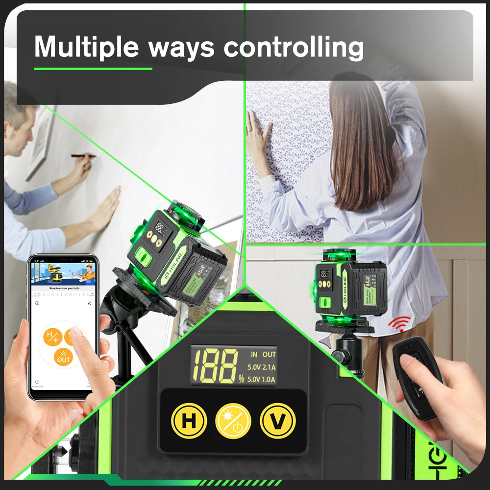 HGLINE 16 Lines 4D Laser Level APP Remote Control Rechargeable Self-leveling 360 Green Line leveling 6000mAh Big Li-ion Battery