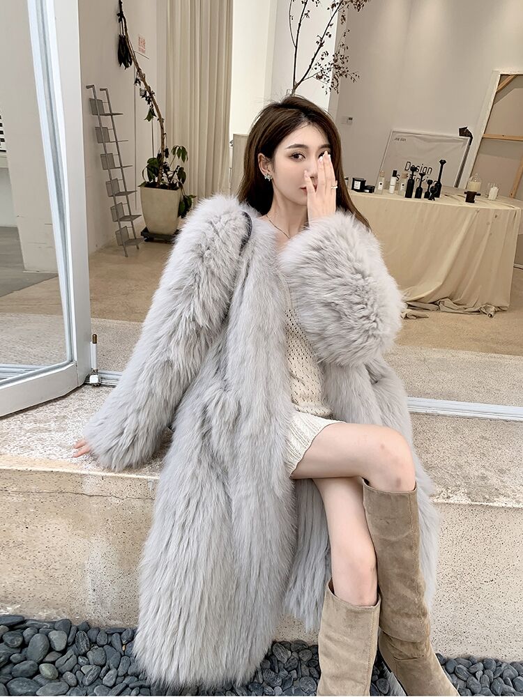 Women's Long Thickened 2024 New Sle Fox Fur Coat Young Sle over Knee Slimming Coat V-Neck Long Sleeve Business Casual Coat