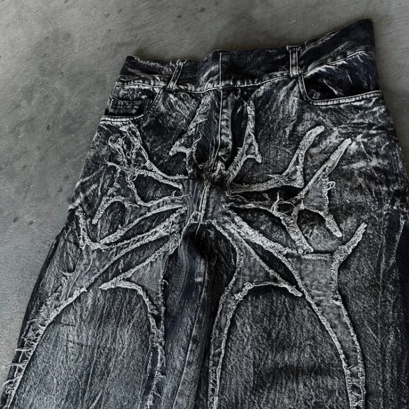 Y2K Phantom Jeans High Street Spider Embroidered Patch Hip Hop Streetwear Gothic Retro Oversized Baggy Fit Unisex Mopping Pants
