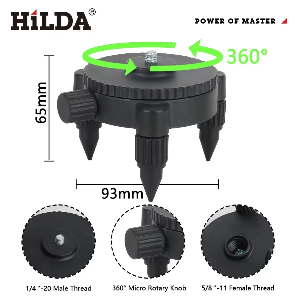 HILDA Accesorios versátiles para nivel láser Soporte de trípode ajustable Base de rotación 360 para trípode de interfaz de 1/4 de pulgada