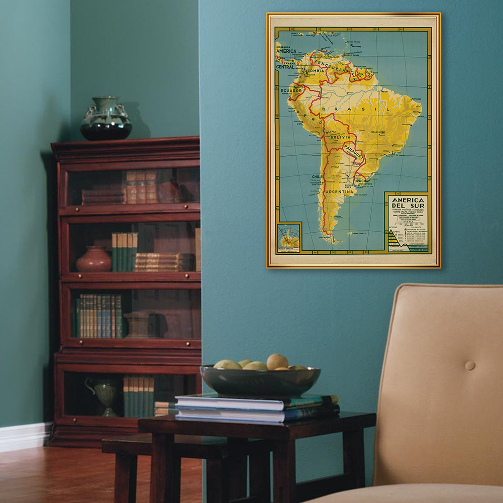 42*59cm Vintage mapa ameryki południowej w języku hiszpańskim plakat artystyczny na płótnie w sprayu malarstwo szkolne salon Home Decor