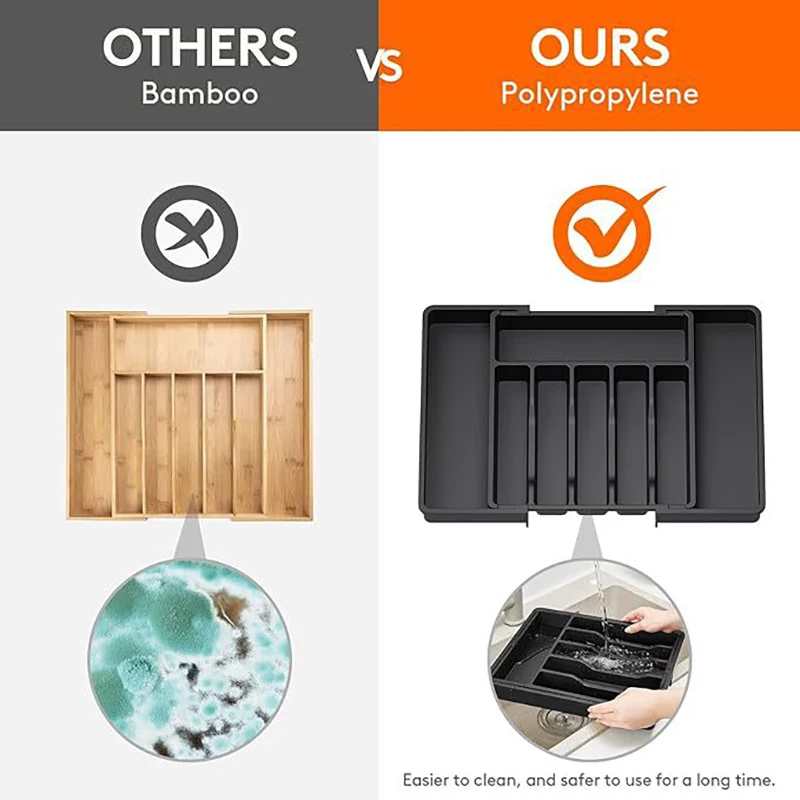 Organizador de cajón de cubiertos expandible, juego de bandeja de utensilios de cocina ajustable, divisor de almacenamiento de cubiertos con compartimento