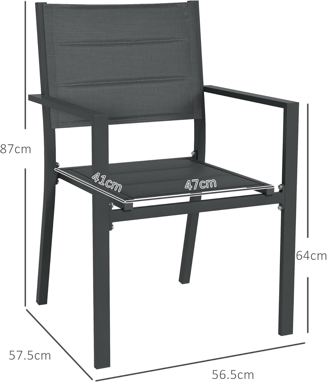 2 Pieces Garden Dining Chairs, Aluminium Outdoor Armchair for 2 with Breathable Mesh Fabric, Design, Dark Gre