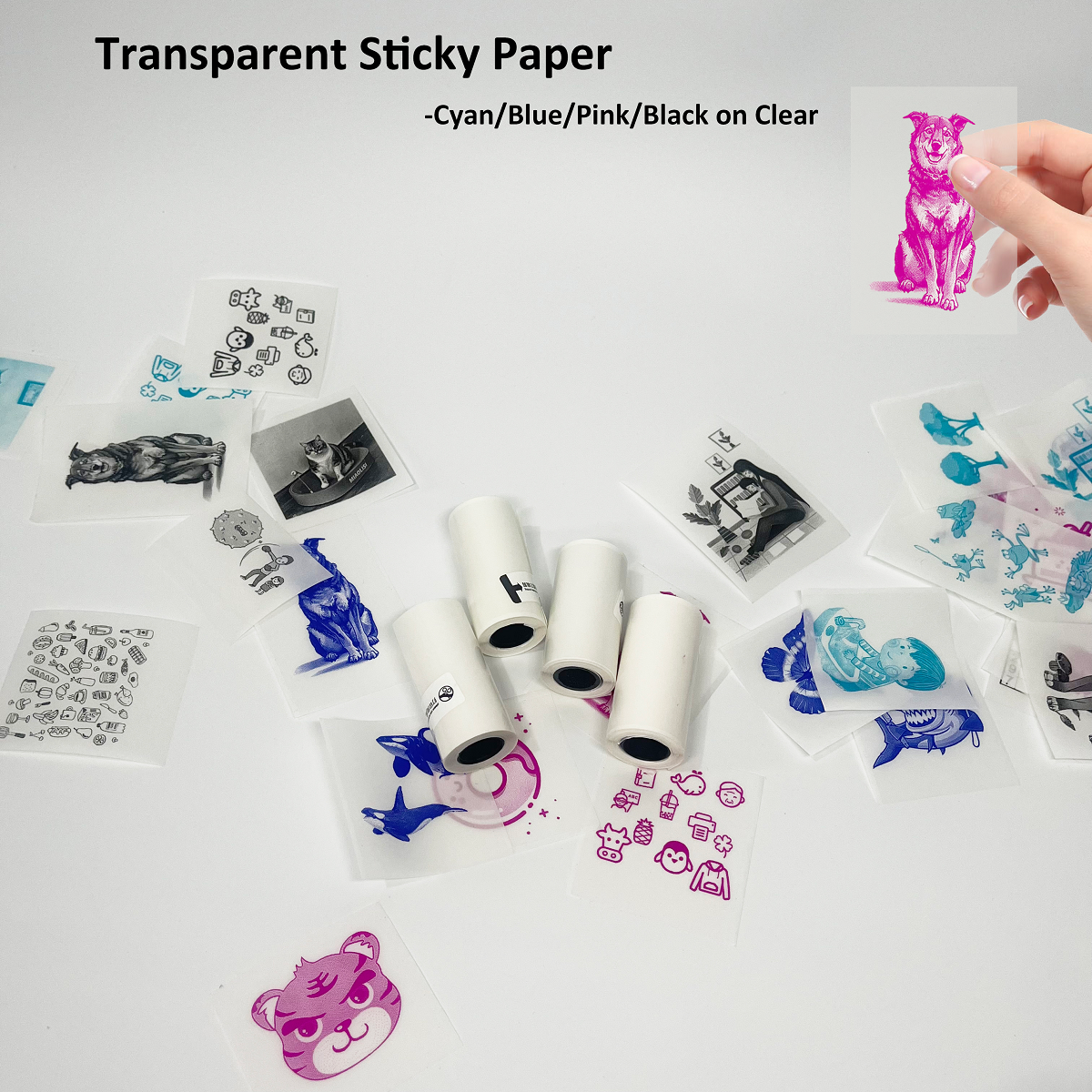 Papéis térmicos autoadesivos transparentes/cor, cor em papéis de impressora térmica brilhantes claros, para mini impressora portátil 57mm x 25mm