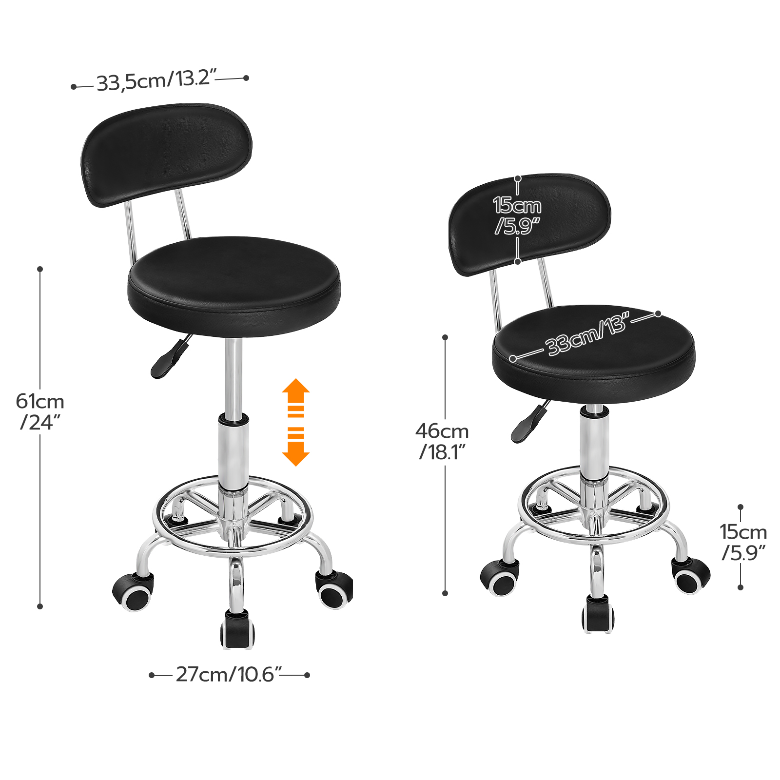 HOOBRO Height Adjustable Rolling Stool 360° Rotating Drafting Chair Multi-Purpose Office Desk Chair for Barber Shop