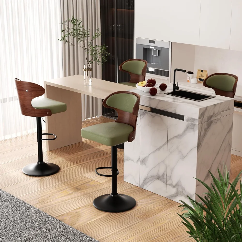 Bar Stools Set of 4 Seat Adjustable Height 24.5-33.5IN-Bentwood Swivel Barstools with Back&Footrest - PU Leather Upholstered