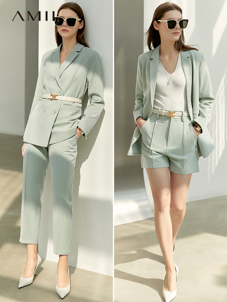 Amii minimalismo primavera Oficina señora Blazer mujer chaqueta encaje cuello pico camisetas sin mangas pantalones de cintura alta por separado chaquetas femeninas 12060909