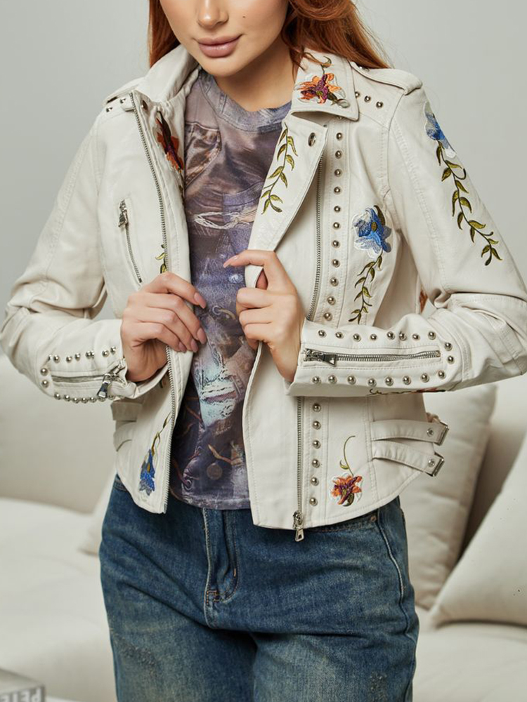 Ailegogo แจ็คเก็ตหนังสังเคราะห์ PU สำหรับเสื้อถักลายดอกไม้ย้อนยุคสำหรับผู้หญิงฤดูใบไม้ร่วงและฤดูใบไม้ผลิเสื้อโค้ทตอกหมุดมีซิปของผู้หญิง