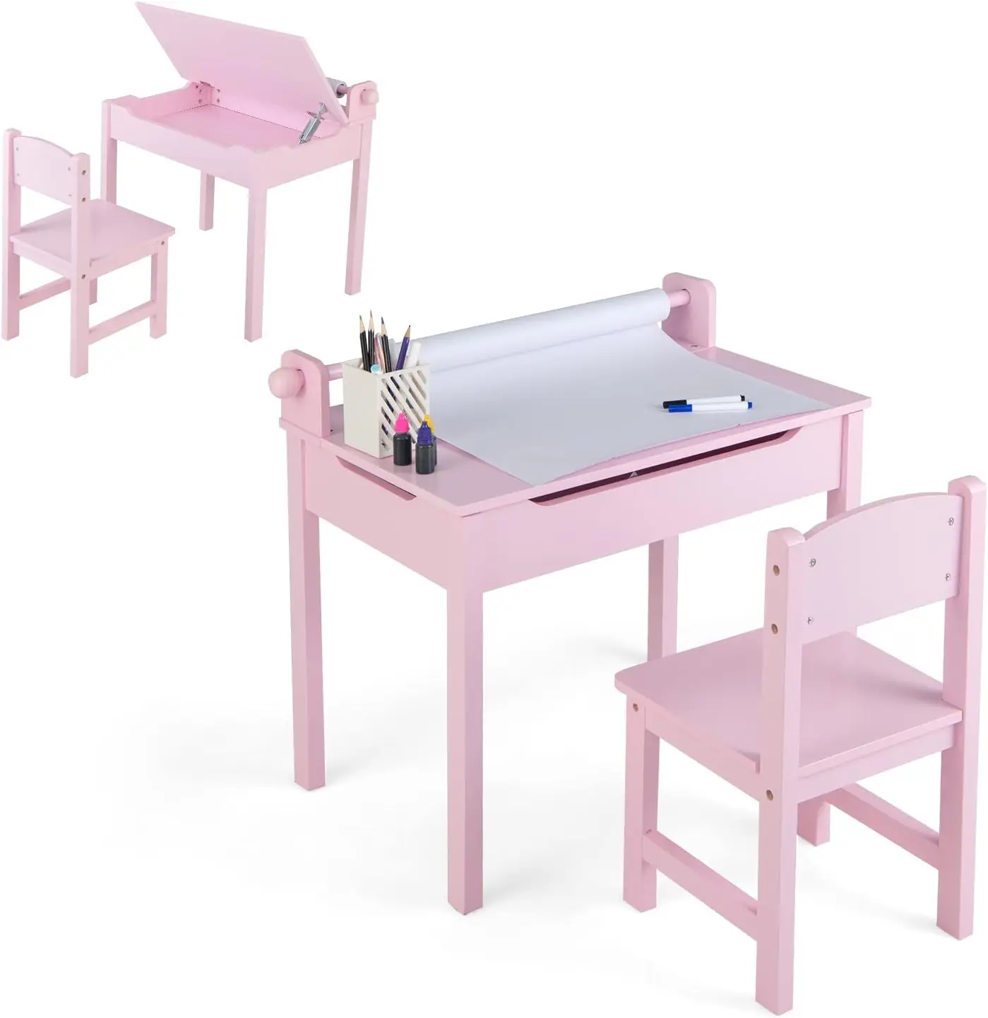 Kinderschreibtisch mit Stuhl, mit Klapptischplatte, mit Papierrollenhalter und Markern, für Kinder ab 3 Jahren (Rosa)