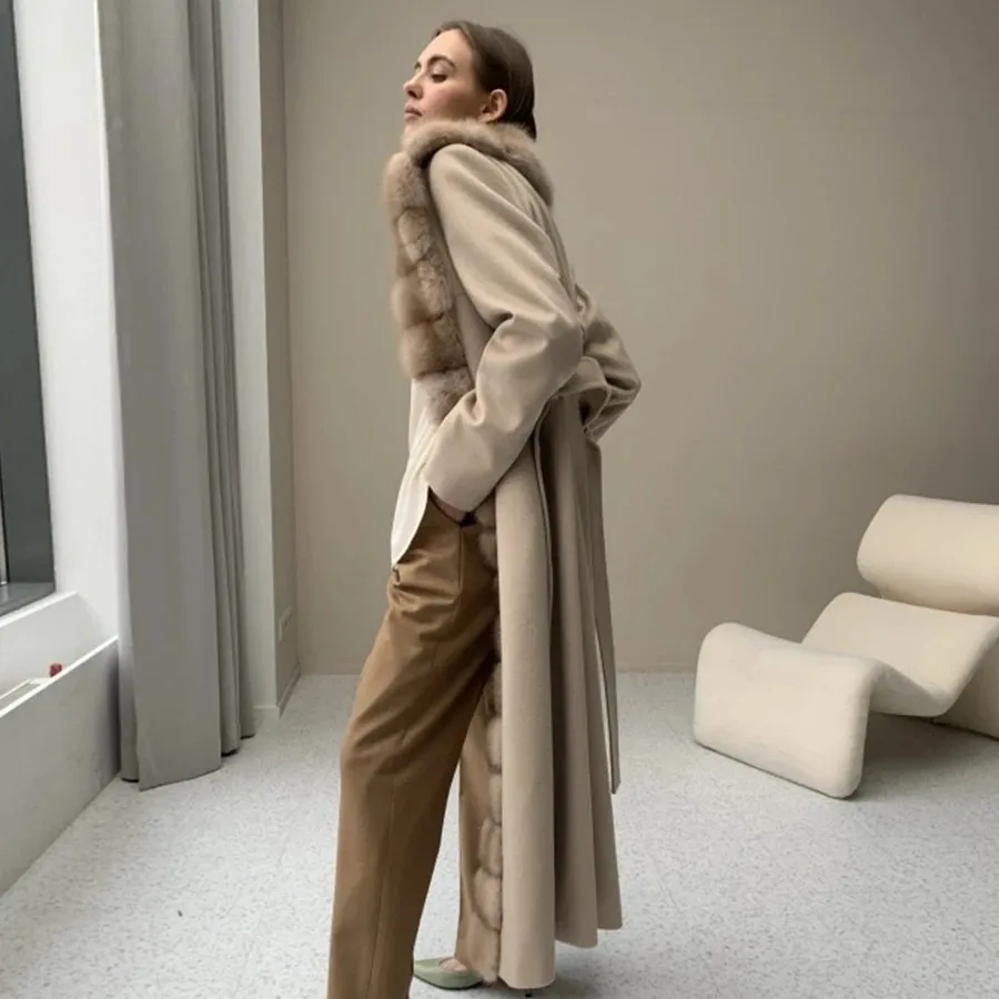 Abrigo largo de Cachemira con cuello de zorro Real para mujer, abrigos de mezcla de lana cálidos, moda de invierno, nuevo estilo, superventas