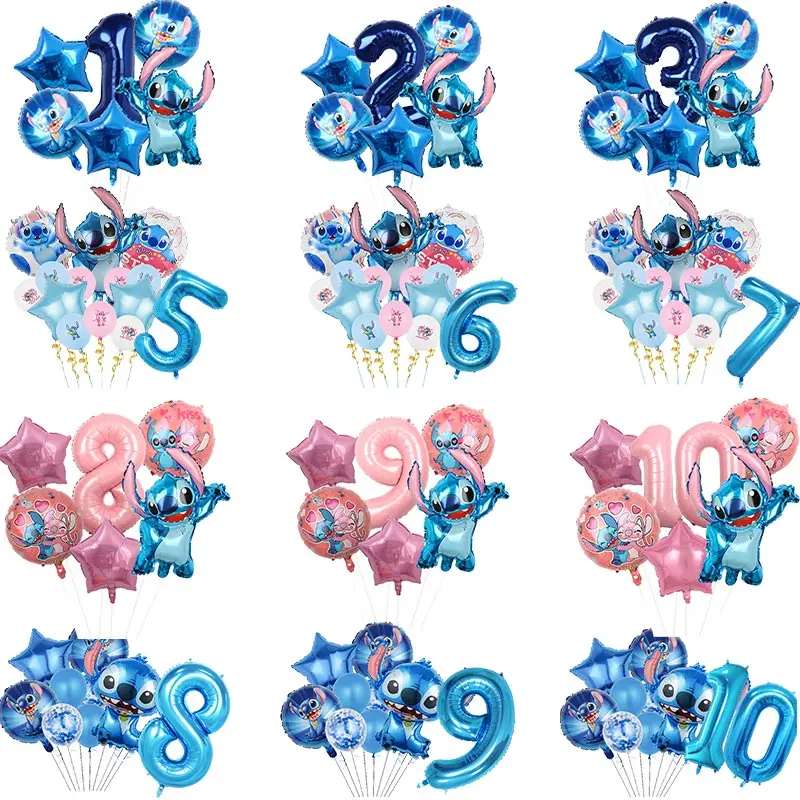 Globos de punto de Disney, suministros para fiestas, globo angular con tema de Lilo Stitch de dibujos animados para niños, decoración de feliz cumpleaños para Baby Shower