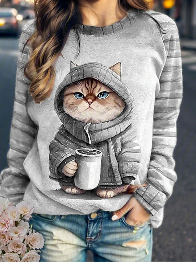 Sudadera con capucha con estampado 3d de gato y café para mujer, sudaderas informales con cuello redondo a la moda, sudaderas con animales y gatos, abrigos para niña, sudaderas para mujer, ropa femenina