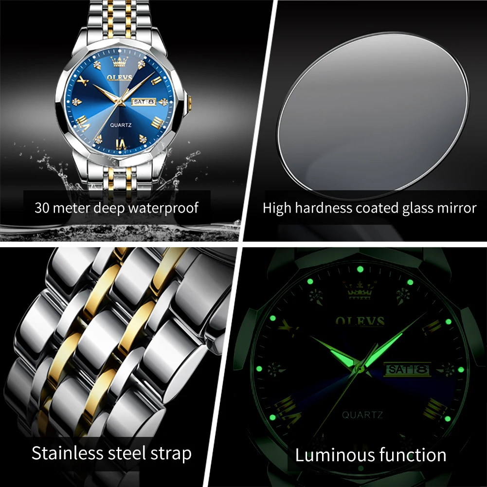 Relojes OLEVS para hombre, reloj de cuarzo Original con espejo rombo para hombre, reloj de pulsera luminoso resistente al agua de acero inoxidable, fecha y semana para hombre