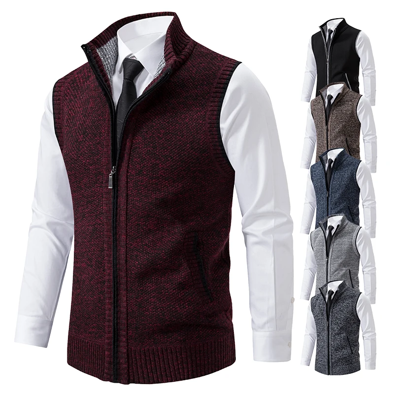 Weste Herren Gestrickter ärmelloser Pullover Wolle Samt Reißverschluss Strickjacke Umlegepullover Rollkragenpullover Strickweste