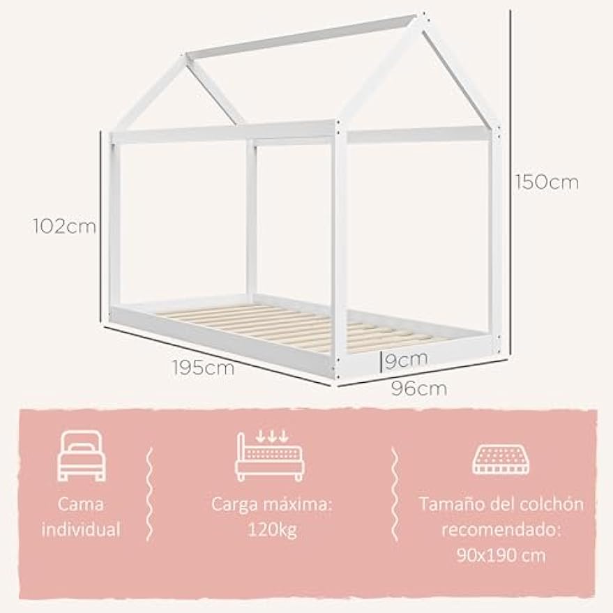 Cama Individual 90x190 cm Estructura de Cama Somier de Madera en Forma de Casa Carga 120 kg para Dormitorio