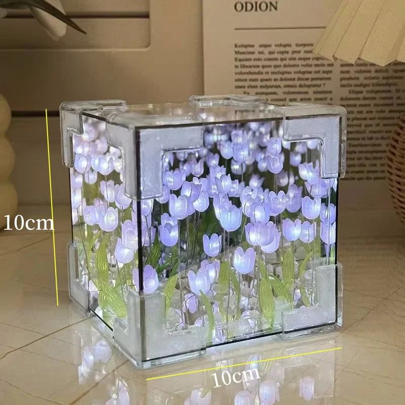 ทิวลิป Nightlight ทําด้วยมือ DIY วัสดุ Cube กระจกทิวลิปตกแต่งห้องนอนบรรยากาศโคมไฟของขวัญวันเกิดวันวาเลนไทน์