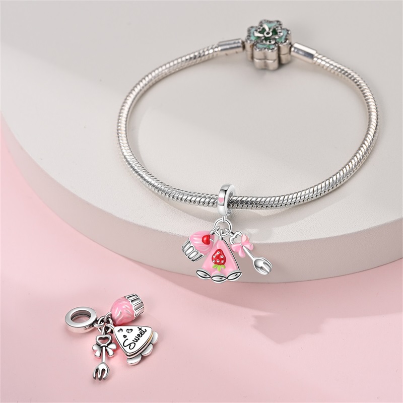 925 Silver Charms Beads Fit 3mm Original Bracelet Game Machine Box Afternoon Tea Dessert Romantic Pink Pendant DIY Jewelry