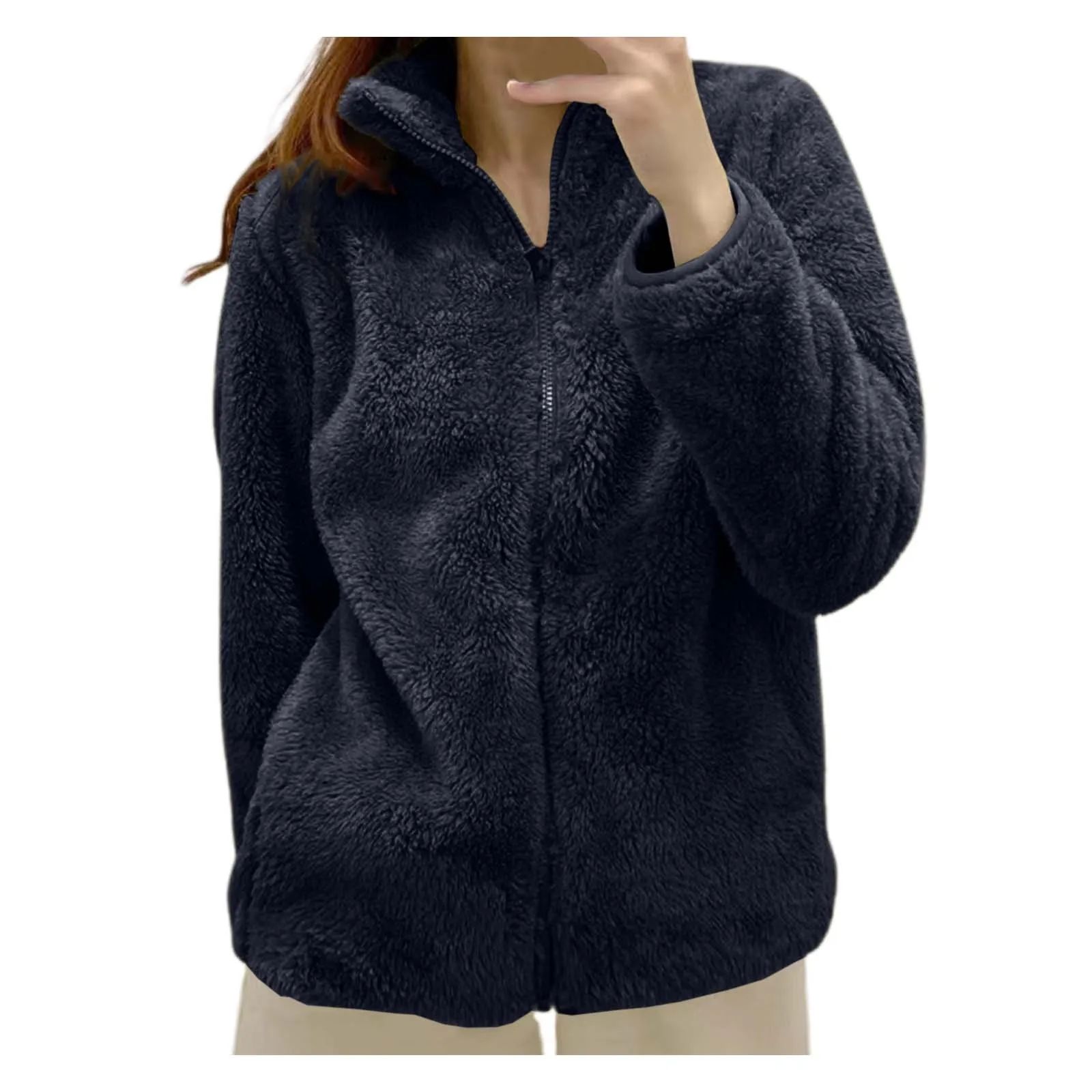 ผู้หญิงฤดูใบไม้ร่วงฤดูหนาว WARM Soft Polar ขนแกะเสื้อแจ็คเก็ตสีทึบแขนยาวซิปสองด้านกํามะหยี่ Outwears Coat