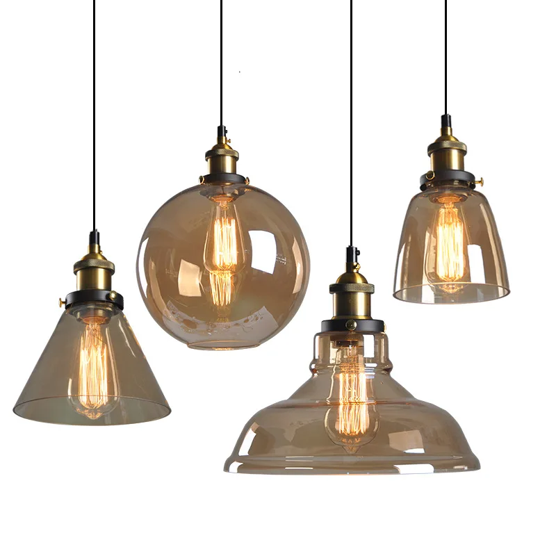 IWHD Lampu Gantung LED tembaga antik, Lampu Gantung dapur restoran kopi Amber Glass dekorasi rumah dalam ruangan Lampu Gantung
