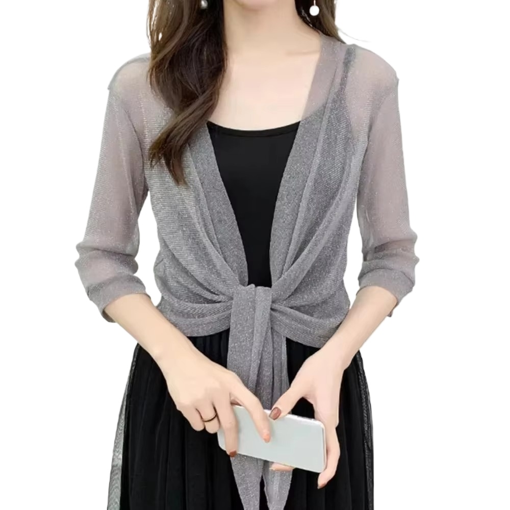 Женский блестящий кардиган на шнуровке, летняя прозрачная прикрывающаяся легкая свободная блузка с коротким рукавом, пляжная одежда, повседневная блестящая куртка