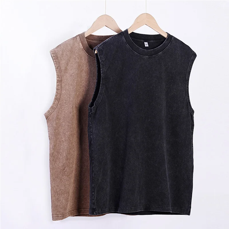 Gilet da uomo T-shirt lavata vintage Canotte in cotone 100% Canotte estive casual senza maniche Streetwear T-shirt larghe nere da donna