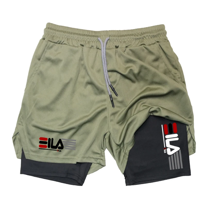 ผู้ชายกางเกงขาสั้นรัดรูปฤดูร้อน GYM Fitness2 In 1 Double Layer Breathable วิ่งกีฬากางเกงขาสั้น Casual Quick-Drying กางเกงขาสั้นชายหาด