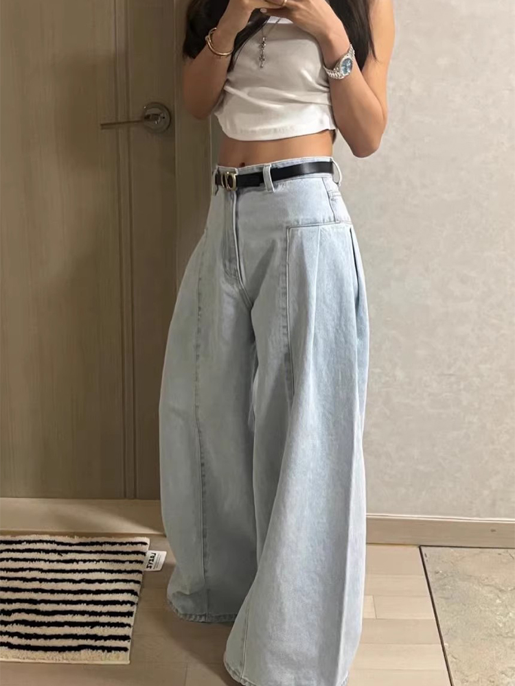Spring New Chic High Waist Wide Leg Denim Jeans Women's Straight Leg Long Pants Waed Design Slimming Effect Blue Jeans