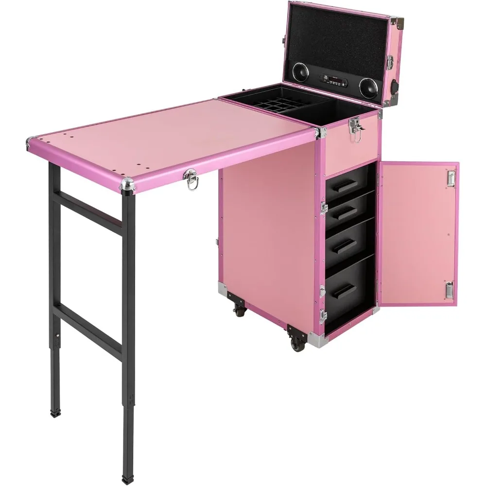 Professional Rolling Makeup Case, Foldable Nail Tables Travel Cosmetic Trolley Storage Organizer with 4 Drawers Mirror