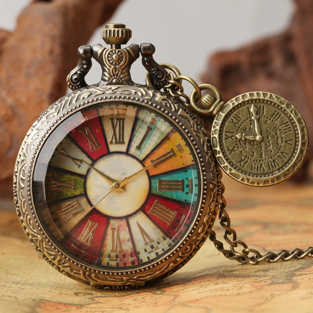 Antike Bronze Doppel Display Taschenuhr Quarz Shell Zifferblatt Fob Uhr Ohne Abdeckung Anhänger Kette Uhr Halskette Souvenir Geschenk