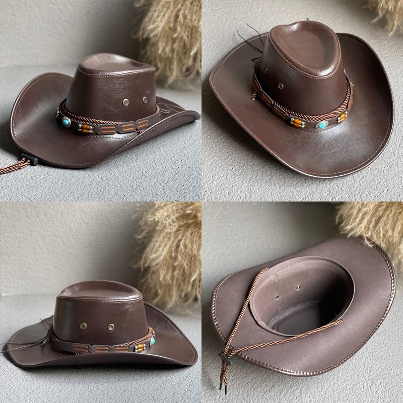 Faux Leather Western Cowboy Hats for Women Men Vintage Gentleman Dress Hats Panama Cowgirl Jazz Cap Sombrero Hombre