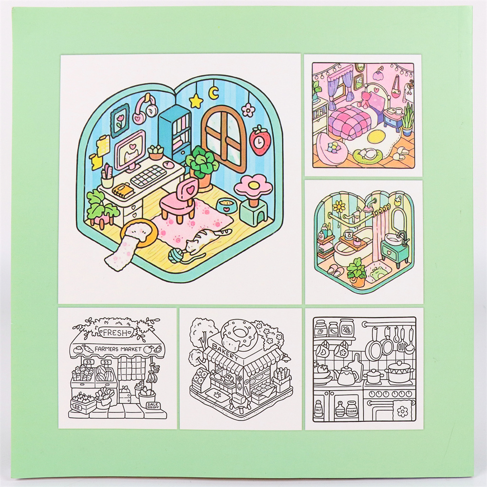 Little Corner Lindo libro para colorear cómodo para adultos y adolescentes con criaturas adorables en acogedores momentos hygge para la relajación