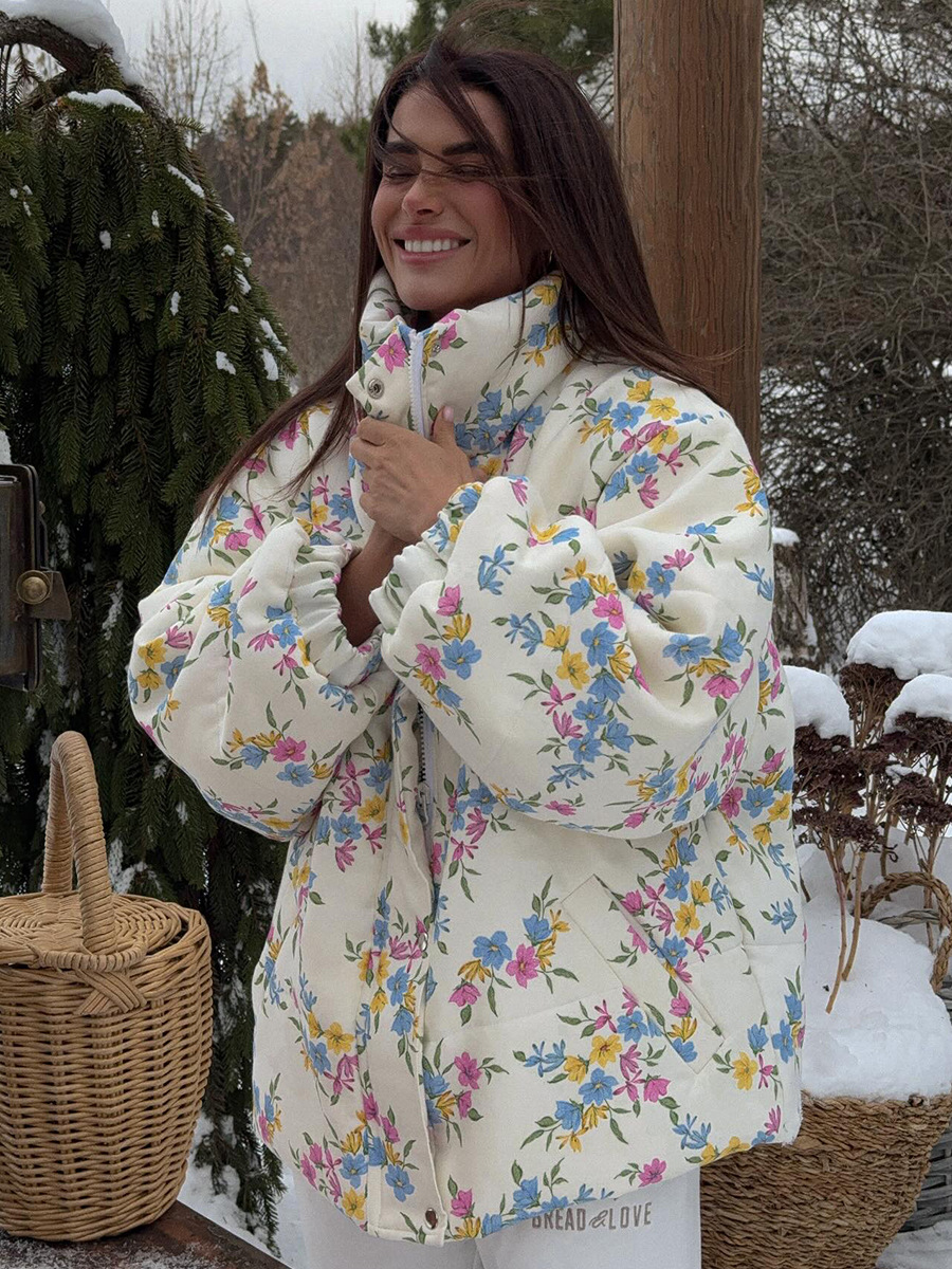 Wolfeel nieuwe pufferjas voor dames, oversized opstaande kraag, ritssluiting, bloemenprint, warme katoenen gevulde jas, herfst winter