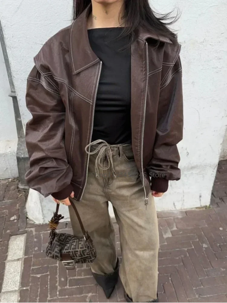2025 neue Frauen Wein rot Reiß verschluss Lederjacke lässig Langarm Revers kurz geschnittenen Mantel Vintage Herbst Mode Oberbekleidung